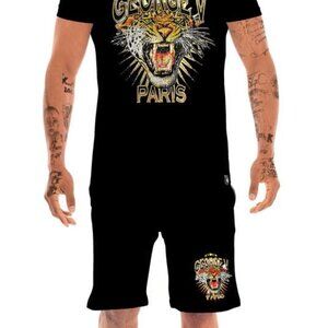 Avenue George V Paris Black Short Set Men's 2 piece set Teddy Bear Rhinestone XL